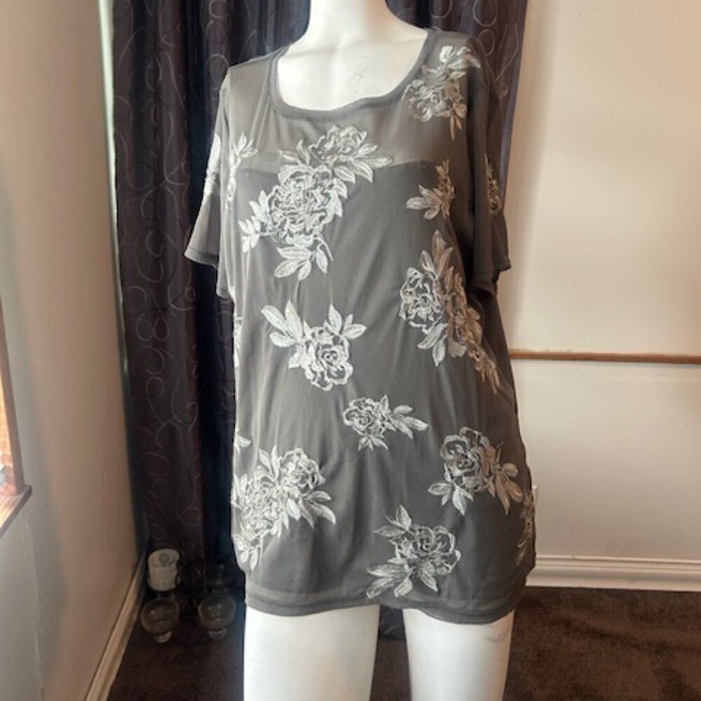 INC International Concept Gray Floral Embroidered semi sheer top, size 1X